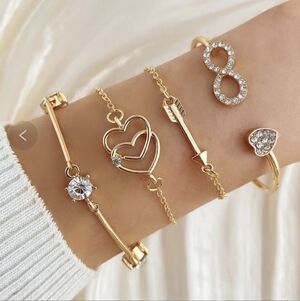 Gold Bracelet Set with Heart, Infinity, Arrow & Clover Charms